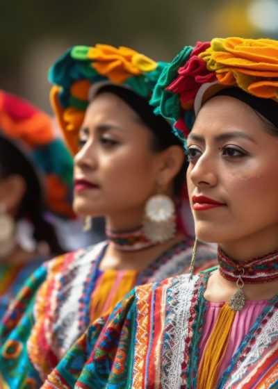 Young women in traditional clothing dancing in a colorful parade generated by artificial intelligence